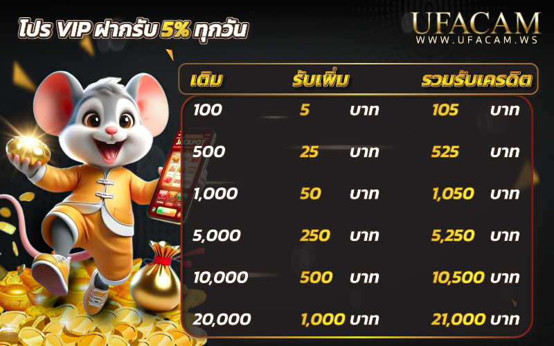 เติม 100 ได้เพิ่มทันที กับ โปร V.I.P ที่ UFACAM ตารางรับโปรโมชั่น