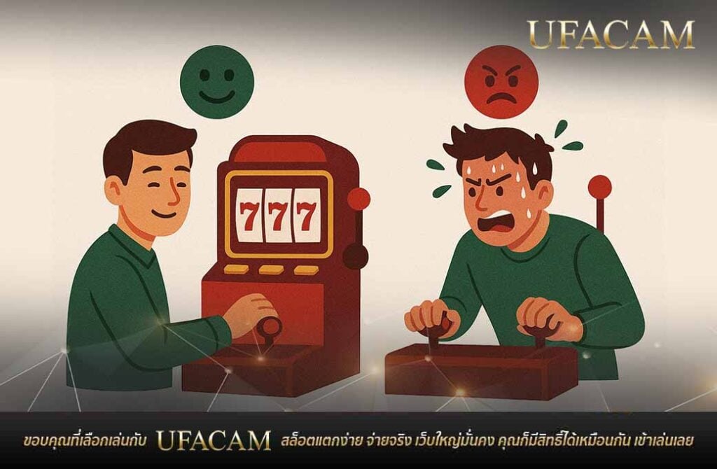 ภาพผู้เล่นสล็อต ฝั่งสงบกับฝั่งเครียด เทคนิคบริหารทุนสล็อต