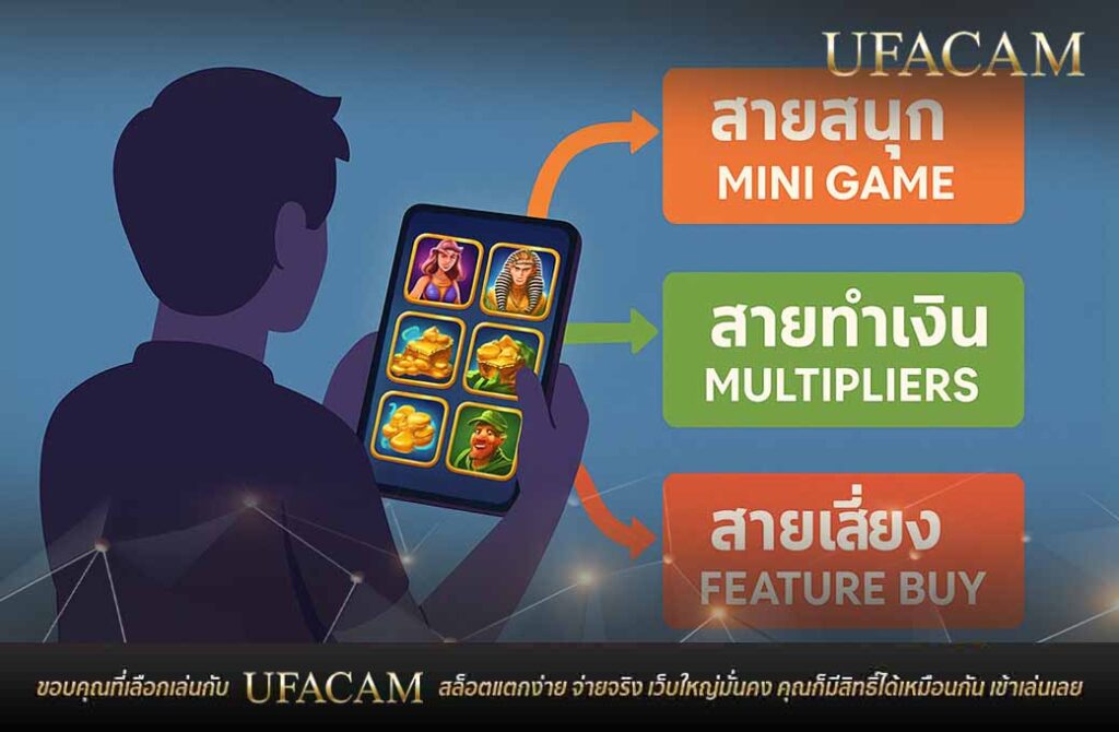 ภาพแสดงผู้เล่นกำลังเลือกเกมที่เหมาะกับสไตล์การ เล่นสล็อตออนไลน์ ของตน