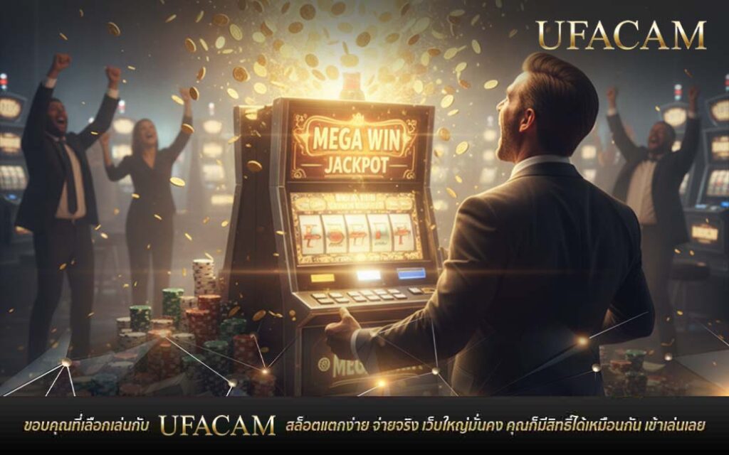 คนยืนหน้าเครื่อง สล็อต RTP สูง ฉากชนะรางวัลใหญ่ มีเหรียญโปรย