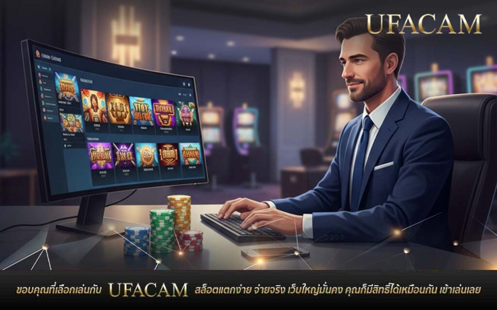 ชายทำงานหน้าเดสก์ท็อป เปิดหน้าเลือกเกมคาสิโนออนไลน์และ เกมสล็อตแจ็คพอต