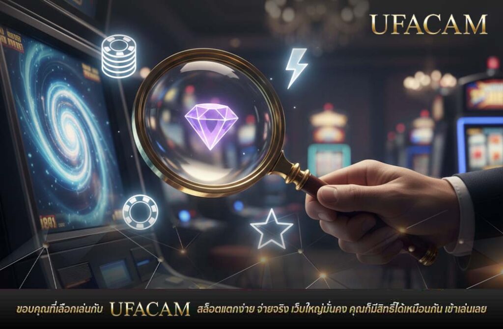 มือถือแว่นขยายส่องเพชรสีม่วงหน้าตู้ UFABET สล็อต