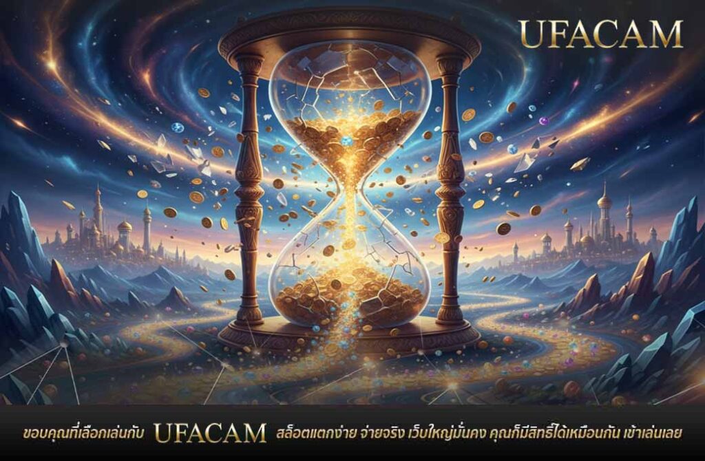 ยูฟ่าเบท สล็อต ซื้อฟรีสปิน นาฬิกาทรายขนาดใหญ่ ที่มีเหรียญทองไหลออกมา ในบรรยากาศแฟนตาซี