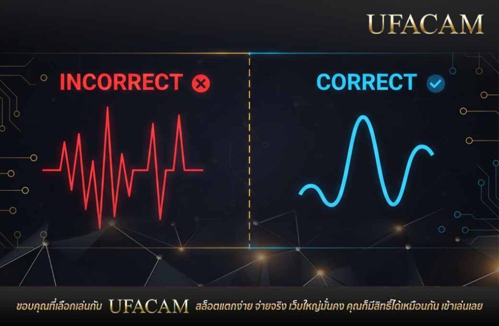 ภาพเปรียบเทียบรูปแบบกราฟที่ "ผิด" ซึ่งมีความผันผวนสูง กับรูปแบบที่ "ถูกต้อง" ที่มีความสมดุลและชัดเจนในการวิเคราะห์ UFABET เค้าไพ่บาคาร่า