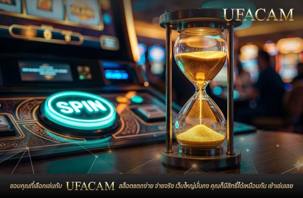 นาฬิกาทรายข้างปุ่มสปินสล็อตสื่อถึงการจำกัดเวลาเล่น วางแผนการเล่นสล็อต