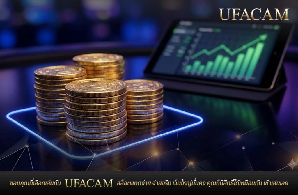 กองเหรียญทองและกราฟแสดงผลกำไรบนแท็บเล็ต เทคนิคบริหารเงินเล่นสล็อต