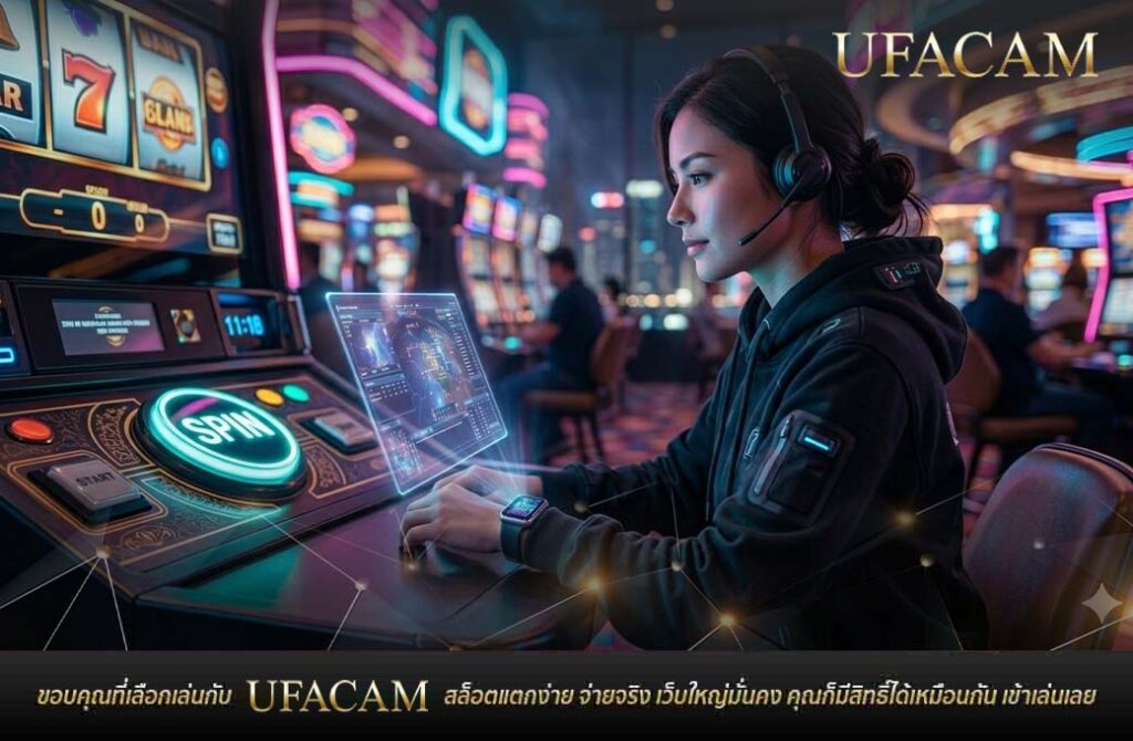 หญิงสาวเล่นสล็อตพร้อมหน้าจอวิเคราะห์ข้อมูล วิธีเล่นสล็อตให้ได้เงิน สื่อถึงการมีสติ