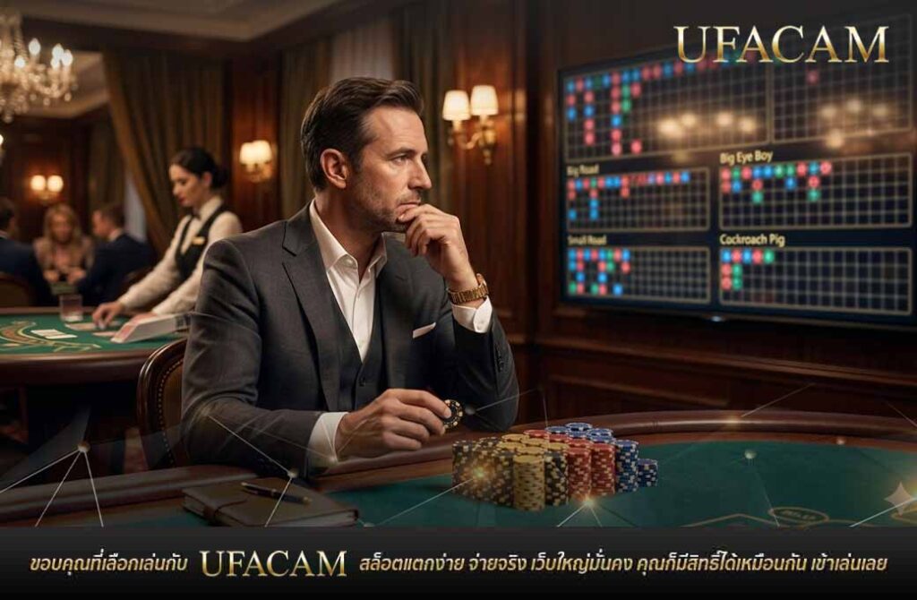 ผู้เล่นกำลังพิจารณารูปแบบเค้าไพ่ บาคาร่าออนไลน์ UFABET จากหน้าจอแสดงผลดิจิทัล