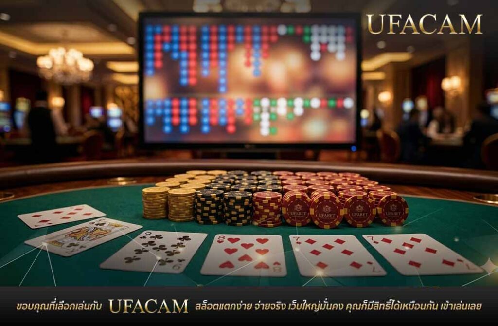 โต๊ะ ยูฟ่าเบท บาคาร่า พร้อมชิป ไพ่ และหน้าจอแสดงสถิติเค้าไพ่เพื่อการวิเคราะห์