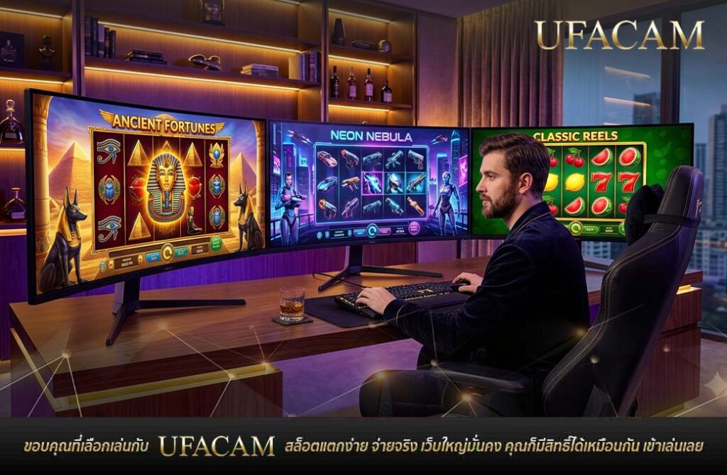 ชายหนุ่มกำลังเล่นเกม UFABET สล็อตเว็บตรง หลายรูปแบบบนหน้าจอคอมพิวเตอร์ 3 จอพร้อมกัน