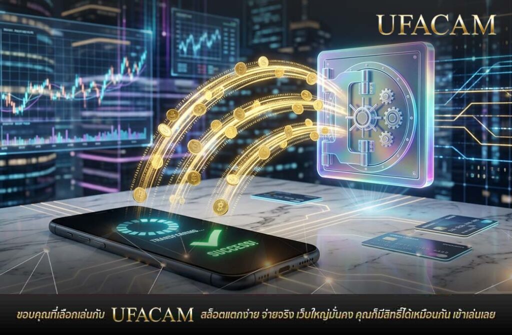 กราฟิกเหรียญทองไหลจากตู้เซฟนิรภัยเข้าสู่หน้าจอสมาร์ทโฟน แสดงถึงระบบฝาก-ถอนอัตโนมัติ สล็อตระบบออโต้