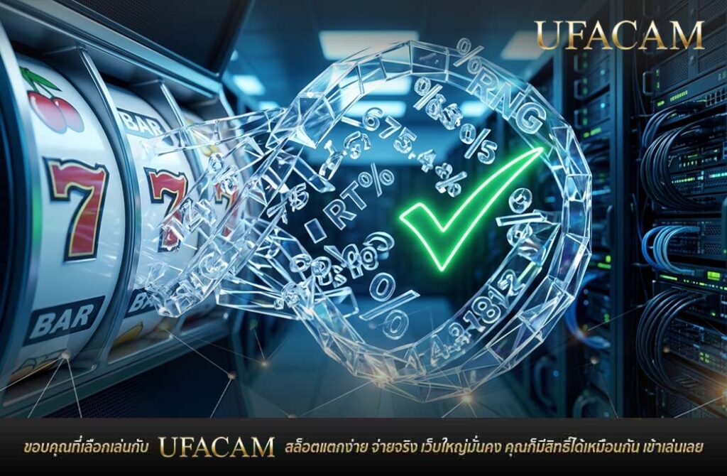 กราฟิกโปร่งใสแสดงสัญลักษณ์ RNG และเครื่องหมายถูกสีเขียวหน้าตู้สล็อต เพื่อสื่อถึงความโปร่งใส เว็บสล็อตปลอดภัย