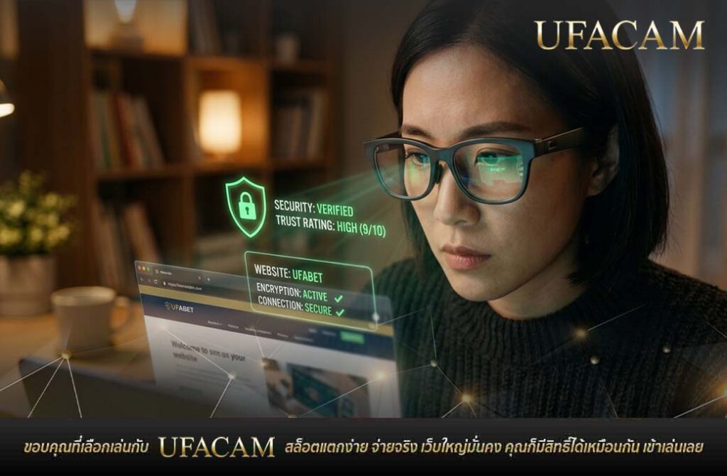 หญิงสาวสวมแว่นตามองหน้าจอที่มีระบบตรวจสอบ เว็บสล็อตปลอดภัย และการเข้ารหัสเว็บไซต์ที่เชื่อถือได้