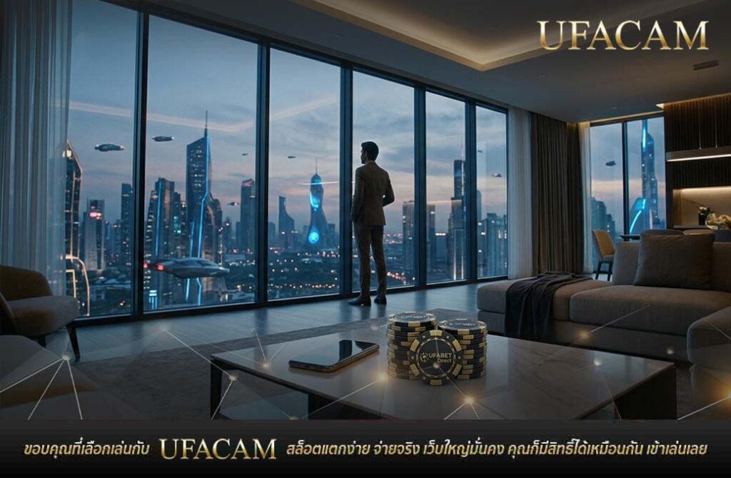 ชายในชุดสูทมองวิวเมืองล้ำสมัยผ่านหน้าต่างบานใหญ่ พร้อมชิปคาสิโนวางบนโต๊ะ เล่นสล็อตได้เงินจริง เว็บตรง