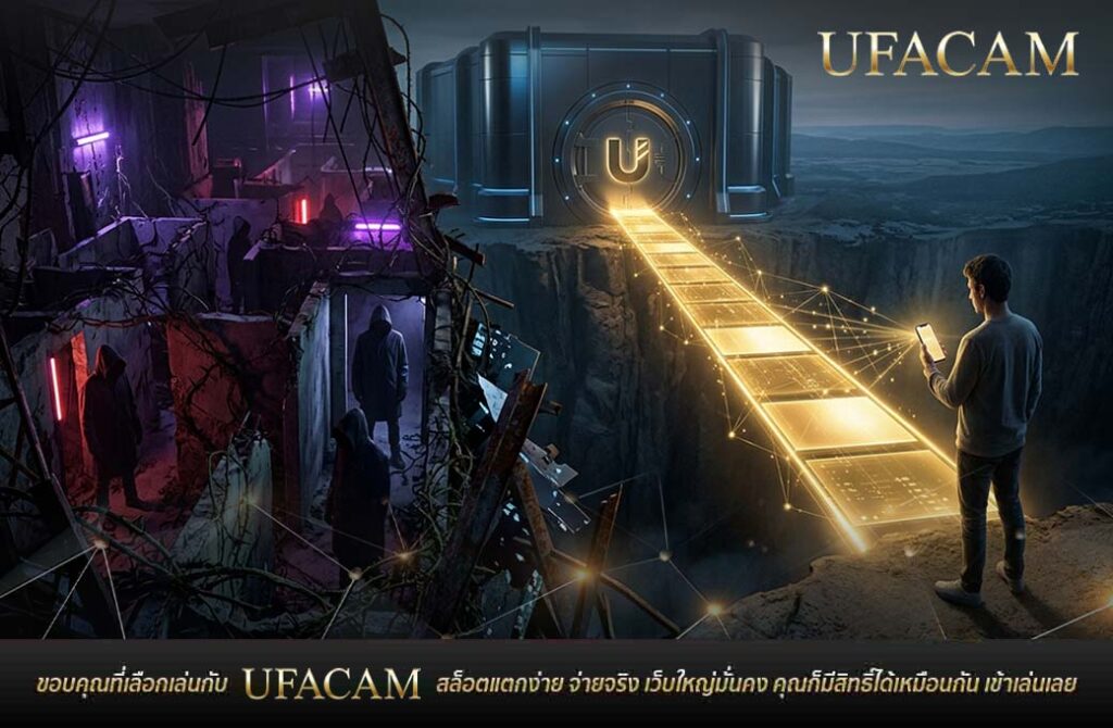 ชายใช้สมาร์ทโฟนเชื่อมต่อสะพานแสงสีทองข้ามจากตึกเก่าไปยังประตูนิรภัยสุดไฮเทค เว็บตรง UFABET