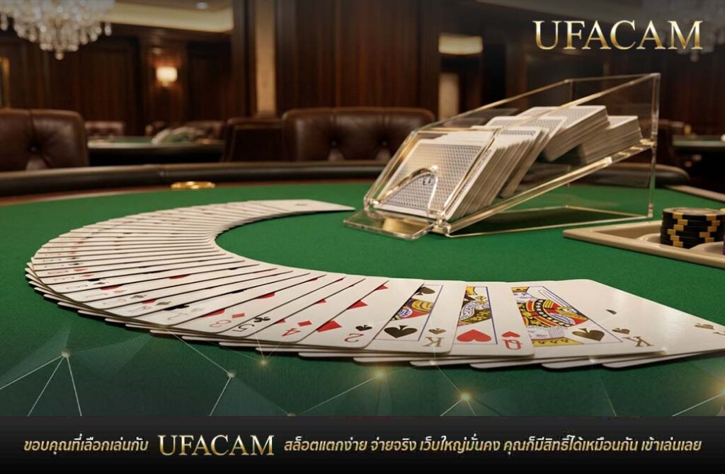 ไพ่บาคาร่าวางเรียงเป็นพัดบนโต๊ะสีเขียว พร้อมสำรับไพ่ในขอนใส และชิปคาสิโนด้านข้าง วิธีดูไพ่บาคาร่าออนไลน์