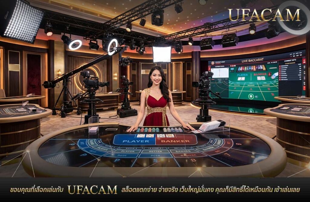 บรรยากาศสตูดิโอไลฟ์สดบาคาร่า มีดีลเลอร์หญิงยืนหลังโต๊ะเดิมพัน ท่ามกลางกล้องและอุปกรณ์ไฟ บาคาร่าออนไลน์ UFABET
