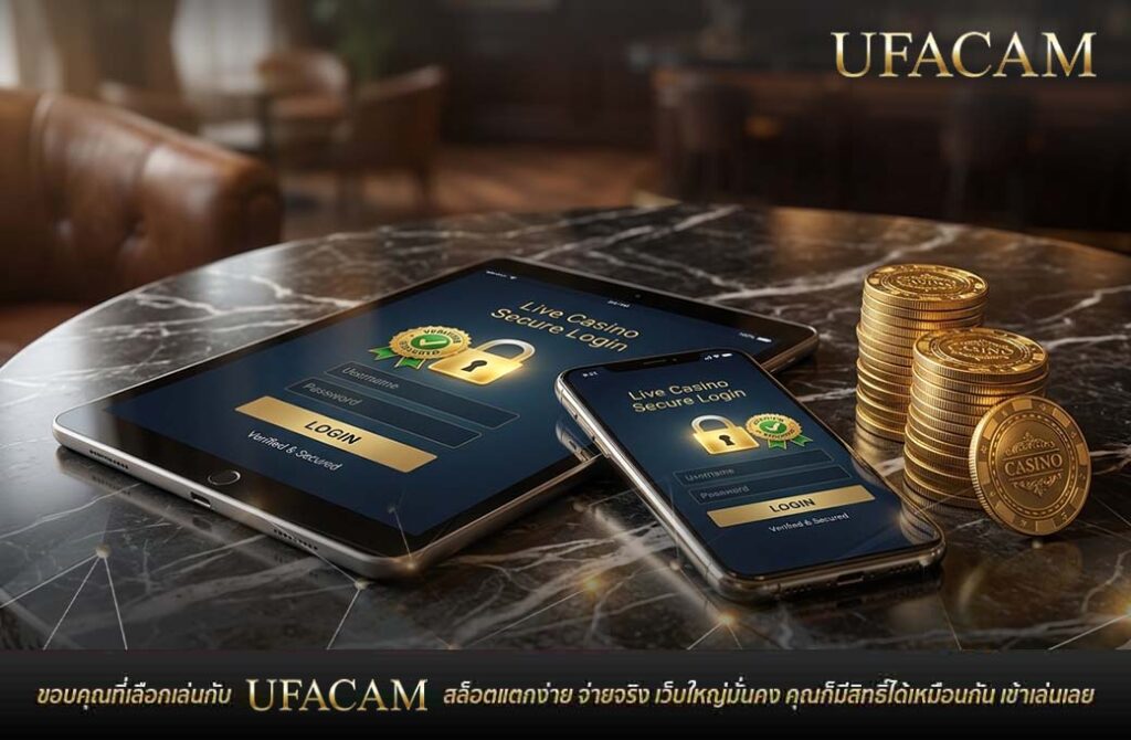 หน้าจอแท็บเล็ตและมือถือแสดงระบบล็อกอินที่ปลอดภัยของคาสิโนออนไลน์ พร้อมกองเหรียญทอง