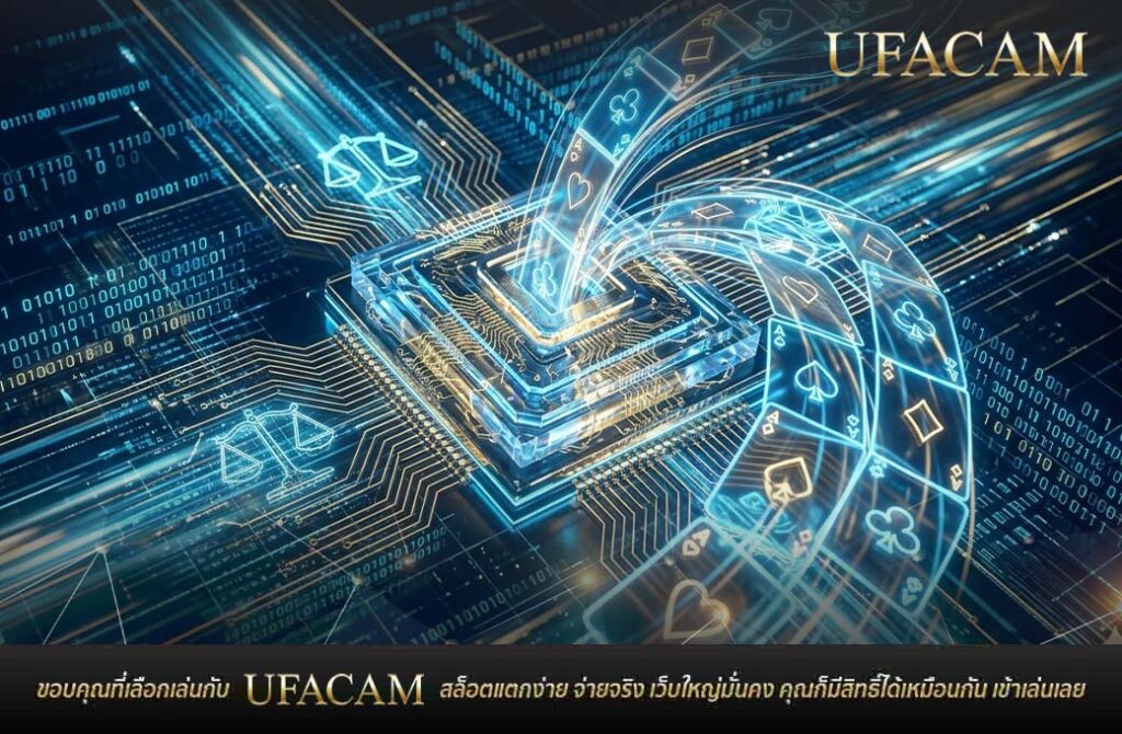 ภาพกราฟิกจำลองระบบ RNG ยูฟ่าเบท บาคาร่า แสดงชิปคอมพิวเตอร์และไพ่ดิจิทัลไหลผ่านวงจรไฟฟ้า เพื่อความโปร่งใสในการสุ่มข้อมูล