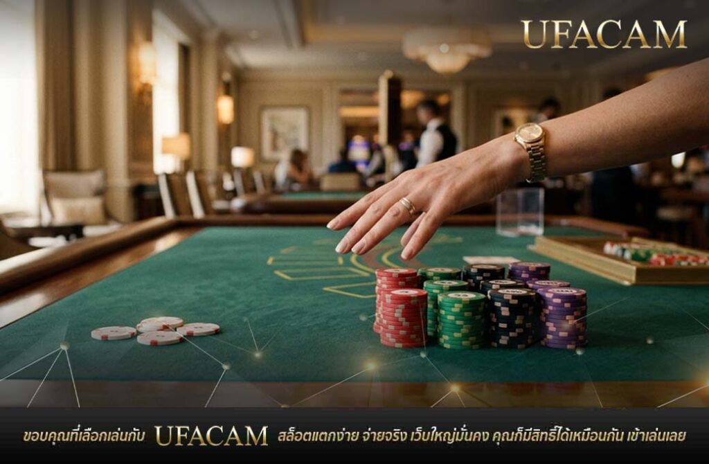 ภาพระยะใกล้ของมือที่กำลังเอื้อมไปหาตั้งชิปคาสิโนหลากสีบนโต๊ะสักหลาดสีเขียว บาคาร่าออนไลน์ UFABET