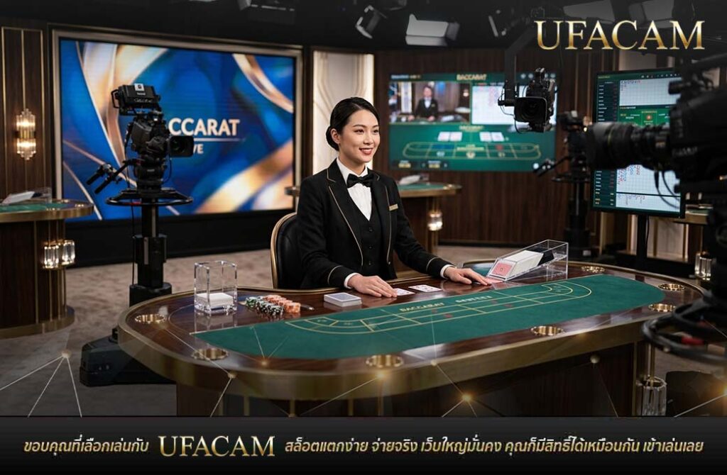 ดีลเลอร์สาวในชุดสูทสีดำกำลังแจกไพ่ที่โต๊ะ บาคาร่า UFABET ในสตูดิโอถ่ายทอดสด