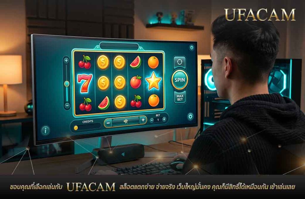ชายหนุ่มกำลังนั่งดูหน้าจอคอมพิวเตอร์ที่แสดงเกมสล็อตออนไลน์ผลไม้ และตัวเลข 7 ของ เกมสล็อต UFABET