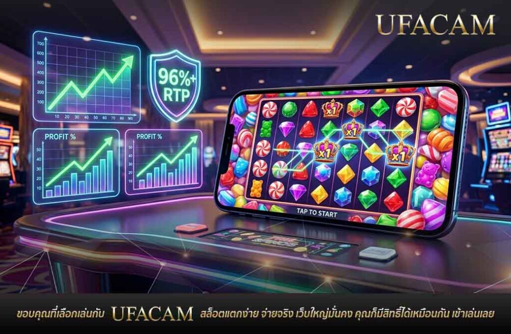หน้าจอสมาร์ทโฟนแสดงเกม สล็อต UFABET ลายลูกกวาดและอัญมณี พร้อมกราฟแสดงอัตราผลตอบแทน (RTP) นีออนสีเขียวด้านข้าง