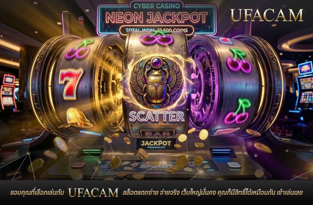 วงล้อเครื่องสล็อต ฟรีสปิน UFABET ขนาดใหญ่ 3 วงกำลังหมุน โดยวงล้อกลางแสดงสัญลักษณ์อียิปต์โบราณพร้อมข้อความ "SCATTER" และมีเหรียญทองร่วงกระจาย