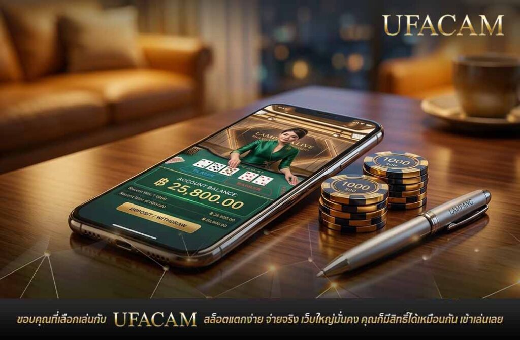 สมาร์ทโฟนแสดงหน้าจอเกม เล่นบาคาร่าออนไลน์ พร้อมยอดเงินคงเหลือ วางอยู่บนโต๊ะไม้คู่กับเหรียญชิปคาสิโนและปากกา