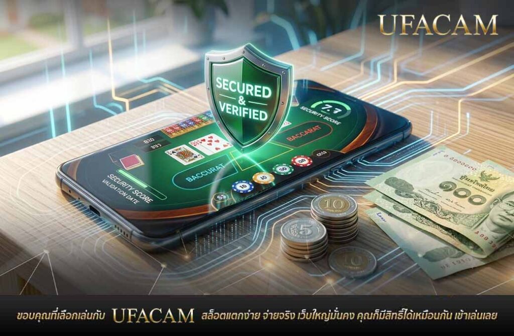 โทรศัพท์มือถือเปิดหน้าเกม บาคาร่าเว็บตรง ที่มีสัญลักษณ์โล่ความปลอดภัย "SECURED & VERIFIED" ตั้งอยู่ด้านบน พร้อมเหรียญและธนบัตรไทยวางอยู่ข้าง ๆ