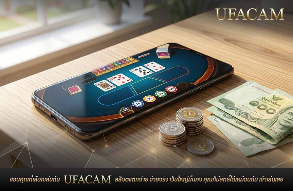 สมาร์ทโฟนวางอยู่บนโต๊ะไม้ เผยให้เห็นหน้าจอโต๊ะเดิมพัน บาคาร่า UFABET ด้านข้างมีเหรียญกษาปณ์ไทยและธนบัตร 100 บาทวางอยู่
