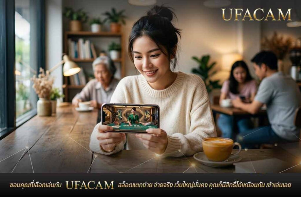 หญิงสาวสวมเสื้อไหมพรมยิ้มอย่างมีความสุข ขณะถือสมาร์ทโฟนเล่น คาสิโนสด UFABET ในร้านกาแฟ
