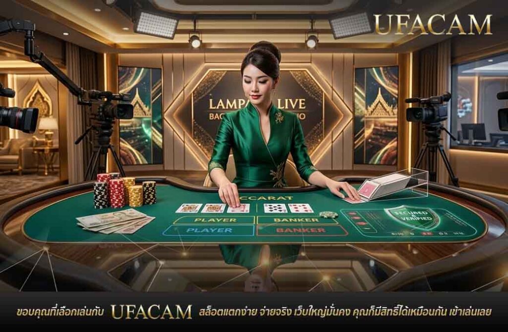 บรรยากาศสตูดิโอไลฟ์สดบาคาร่า มีดีลเลอร์หญิงในชุดกี่เพ้าสีเขียวนั่งอยู่ที่โต๊ะเดิมพัน ท่ามกลางกล้องวิดีโอระดับมืออาชีพรายล้อม