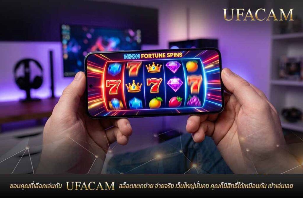 มือสองข้างกำลังถือสมาร์ตโฟนเปิดเล่น สล็อตเดโม่ UFABET สีสันสดใสในห้องเล่นเกม