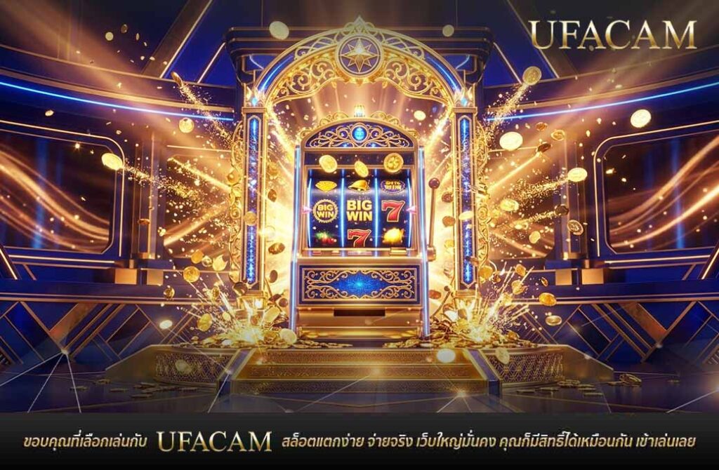 ตู้เกมสล็อตสีทองหรูหราบนเวที พร้อมเอฟเฟกต์เหรียญทองระเบิดกระจาย แสดงความยินดีกับการชนะรางวัลใหญ่ สล็อตทดลองเล่น